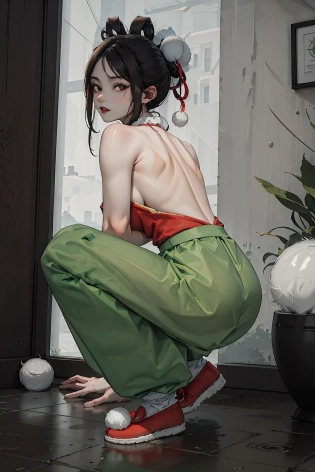 masterpiece, highres, beautiful face, (masterpiece, top quality, best quality, official art, beautiful and aesthetic:1. 2), (1girl:1. 3), (fractal art:1. 3), solo, xiuhuaxie, bare shoulders, bare arms, black hair, large breasts, red strapless bellyband, strapless , red wristband, (black eyes:1. 3), collarbone, looking at viewer, (bare back:1. 3), light green baggy pants, green pants, red shoes, shoes, toned, white socks, (white decorative pompoms on the vamp:1. 3), white decorative_fluff_balls on shoes, squatting, <lora:diaochan-v2:0. 9>
