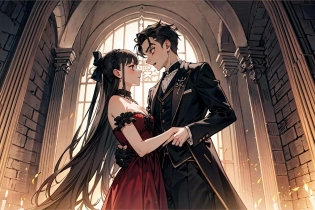 (best quality), detailed background, gothic girl, horror, vampire, nobless, girl dancing with man, castle