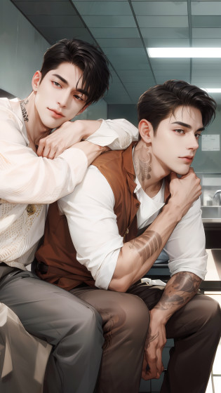 (absurdres, highres, ultra detailed),   1man hug 1man, (((multiple boys))), mature,   love,  hug, upper body,  gold and black hair, brown open eyes, 1 man has a tattoo on the neck