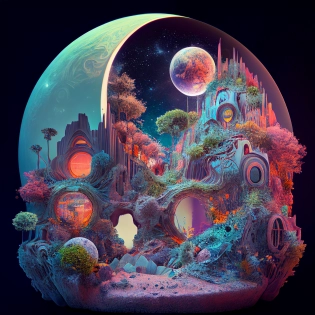 human colony on unknown planet, clean white structures, bright vibrant colored vegetation, bioluminescent planets, hyperrealism, highly detailed, insanely detailed, lush detail, filigree, intricate, crystalline, global illumination, cosmonaut, LSD, lens flare