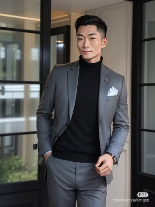 A Chinese man in a suit stands in front of a glass door, Ultra HD face?The temperament is elegant?Smile confidently?Personable?insight?The smile is natural and vivid?Ray-traced facial details?Standard ratio?wearing black grey suit, wearing dark grey suit, dressed in a suit, wearing a stylish men's suit, high quality suit, wearing fashion suit, Elegant suit, wearing causal black suits, wearing a turtleneck and jacket, dressed in a suit, stylish suit, grey suit, luxurious suit --auto