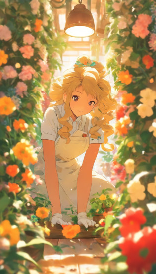 A talented florist girl in a florist trims a huge flower in a florist wearing white gloves with scissors?Japanese manga style?Her long hair is pale yellow?Wear an apron?A room full of potted flowers and plants?Falling petals?Troublesome kittens?Japanese healing system