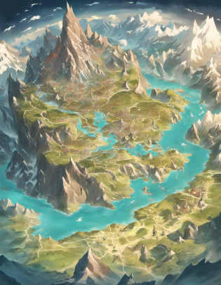 MAP, Map of a fantasy continent?In the middle of the map is the country of humanity, montains and hill?To the north is where the dwarves of the Land of Ice and Snow live?The south is the country of orcs?To the west is the Land of Dragons, To the east is the land of the elves, forrest