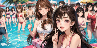 {{Teenage female, caucasian, hundreds of girls, thousands of girls, multiple girls, many girls, only girls, crowd shot}}, looking at viewer, hazel eyes, extremely detailed, brown hair, blonde hair, red hair, black hair, pink bikinis, matching bikinis, identical bikinis, pool, pool party, crowd of girls, girls partying, happy, best quality, high quality, extremely detailed anime screencap