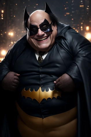 Danny DeVito in a batman suit, fat and happy, Joker smile, fantasy background