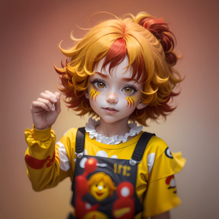 arafed child wearing a wig with yellow and red hair, red yellow, red and yellow, some red and yellow, clown girl, yellow and red, red ronald mcdonald messy hair, red-yellow colors, red+yellow colours, soy fan de quino, by N�ndor Katona, wearing red and yellow clothes, red ronald mcdonald hair --auto --s2