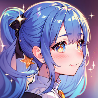 masterpiece, best quality, highres, solo focus, thick outlines, cute, pastel color palette for character, 1girl, solo, headshot, close up on face, profile picture, detailed sparkly eyes, long blue hair, spring cut bangs, sparkly orange eyes, small side ponytail, :3,