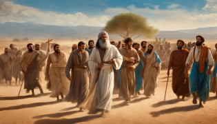 Draw an illustrative image of Moses as a figure of inspiration. The scenery is majestic and uplifting, with the sun shining in the blue sky and soft clouds in the background. Moses is pictured standing, Walking Ahead of the Hebrew People, com um olhar sereno e determinado em seu rosto. He is dressed in his traditional clothes, holding the staff firmly in one hand and the other extended to the sky, as if he were leading his people through the divine voice. The Hebrew people are gathered around him, homens, Women and children, all looking at Moses with wonder and gratitude. Some people may be touching your robes or holding your hands as a sign of respect. No fundo, a Terra Prometida pode ser vista em toda a sua beleza, com colinas, Fertile rivers and fields, symbolizing the realization of the journey led by Moses. The scene conveys the idea of charismatic and inspiring leadership, singling out Moses as a spiritual guide and a reference figure for his people