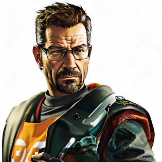 arafed man with glasses and a red apron holding a knife, gordon freeman, portrait of adam jensen, walter white as gordon freeman, gordon freeman as a woman, bryan cranston as gordon freeman, from half-life, baptiste from overwatch, hl 2, from half-life 2, half-life 3, walter white in team fortress 2, half - life