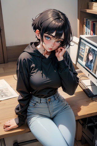 masterpiece, best quality, high detailed, concept art, (anime:0.55), (nsfw:0.25), sitting in chair, wolf cut hair style, short black hair, pretty eyes, plain clothes, normal clothing, cowboy shot, pretty, very pretty, beautiful lighting, pretty girl, big breasts, thick thighs, tiny waist, white, asian, Caucasian, light skin, deep in thought, dynamic angle, perspective, head down in thought, focusing on drawing, pants, jeans, shirt, hoodie, holding pencil, looking down, artist, artist drawing, drawing artist, artist girl drawing something