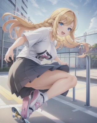 1girl, perfect anime illustration, happy, very closeup painting, basket weave braid, best blonde girl hair, woman going skateboarding, skateboard, skatepark, t-shirt, casual, stylish, outdoors, morning sky, happy, realistic, aesthetic. best quality, animated lighting, masterpiece, fashion, anime, trending, detailed fanart, anime faces, dynamic pose