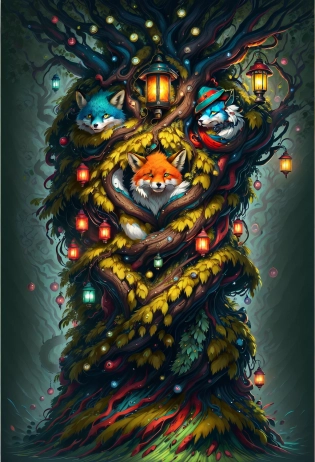 <lora:gen-dixitCard:0. 7> island in an ocean of multicolors [(painting of a anthropomorphized fox with ((green| blue| red) eyes) and (fur| hat| hair) on its head) holding a lantern] and sitting on top of a tree, highly detailed, Illustration, soft lighting, dark, details, ultra-realistic <lora:gen-funny_creatures:0. 75>