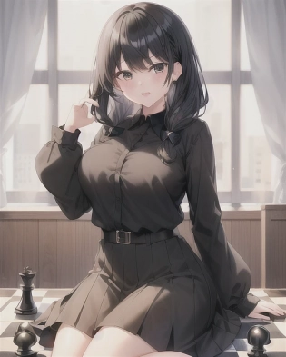 girl, happy, 1950 hairstyle, fringe, cute, best girl hair, chess gm, wooden, indoors, black shirt, silk black skirt, wooden chess set, chess position, thinking. anime, professionally color graded, HDR, anime face, 1girl, face by Artgerm, Greg Rutowski, volumetric lighting, bright bursting colors, intricately detailed outfit, dynamic pose, octane engine, anime face, chess board in painting
