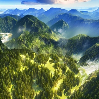 view of a valley from the top of a mountain, spring, pine forest, clouds, fantasy, digital art, photo, masterpiece, best quality, high quality, highres, high resolution