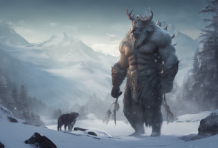 Nordic style?nordic mythology?YMIR, Corpo gigante?musculoso, Nordic dress, gigantesco?Fundo congelado? gigante de gelo, corpo inteiro, VFX surreal altamente detalhado?OC rendering? --AR 9:16