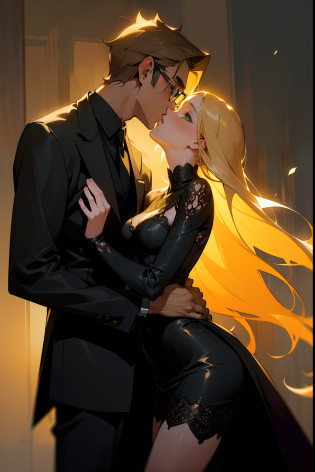 ((masterpiece,ultra-detailed, intricate details, best quality,illustration)),1girl, 1guy, couple, kissing, girl with green eyes, girl blonde, girl long hair, girl small breasts, girl black tight dress, guy tall, guy attractive, guy older than girl, guy handsome, guy brunette, guy short hair, guy with glasses, guy suit, guy kissing girl, kiss, deep kiss, detailed, vibrant colors, high contrast, dynamic lighting, realistic textures, illustration aesthetic