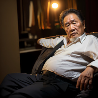 The Arafed man sat on the sofa?in a white shirt?With a black tie, old man in tokyo at night, asian man, Fat belly, portrait shooting, Shot on Sony A 7 III, an 80 year old man, a old man, potbelly, Asian male, Handsome man, shot with canon eoa 6 d mark ii, portrait photo of an old man