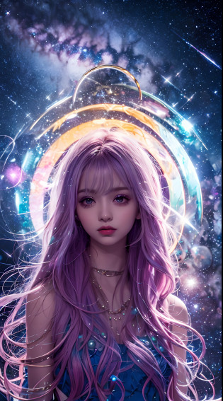 Background: Mysterious quantum environment, Cosmic elements and ethereal atmosphere?A mix of bright lights and colorful nebulae. Theme: A mysterious girl with a magical aura. She has long, Colorful wavy curls, The shiny hair stands out. His eyes are deep and expressive, Reflection Universe. She wore a flowing dress in purple and blue, With intricate details and mysterious textures. Color Palette: A combination of mysterious shades such as cosmic purple, Sky blue, Soft pink and a touch of gold. Create contrasts, Increase depth, Dark color, Such as dark purple or night blue. Aesthetics: The aesthetic combines elements of Mistycore, Known for its mysterious and ethereal atmosphere, and crystal cores, With its crystal clarity and sparkling details. The girl exudes magical energy?Her presence hangs over her?mesmerising. Covered with: Keep subtle glowing effects and glitter overlays around the girl, Covered with: Add a soft glow effect around the girl and crystal, It seems to exude magic. Also, Add small details of flash?Enhance the ethereal atmosphere.