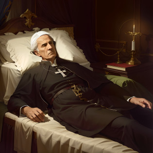 Man in black bathrobe lying on a bed, the pope wakes up is his bed, The Catholic pope in his bed, inspirado em Matthias Stom, inspirado em Ed Benedict, The Pope is in his bed, Retrato do Santo Padre, pintura digital barroca, inspirado em Jens Ferdinand Willumsen, Directed by: Julian Fa?at