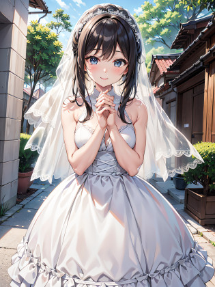 (Best quality, 8k, 32k, Masterpiece, UHD:1.2), (realistic:1.5), (masterpiece, Extremely detailed CG unity 8k wallpaper, best quality, highres:1.2), (ultra detailed, UHD:1.2), (cowboy shot:1.3), (anime style illustration:1.3), (seductive anime waifu:1.3), (ultra-detailed:1.3), (hyper-sharp:1.3), (insanely detailed:1.3), (1girl and 1man:1.3), 
BREAK, 
An illustration of a man holding hands with a bride in a wedding dress heading to a wedding hall.
BREAK, 
The bride wears a pure white wedding dress with a long veil. The wedding dress has a classical design with plenty of lace and frills. The veil is long enough to obscure the bride's face and flutters in the wind.
BREAK, 
A man in a black tuxedo is holding the bride's hand. The tuxedo is a classic style with slim neckties, bow ties, and wingtips. 
BREAK, 
Nature such as flowers and birds are drawn around the bride and the man. As for flowers, colorful flowers such as roses and orchids are in full bloom. Birds, such as pigeons and bush warblers, are flying around as symbols of happiness.
BREAK, 
Time: Evening
Weather: Sunny
Background: Natural scenery, such as lush grasslands and forests
BREAK, 
A happy smile appears on the bride's face.
The man's face has a loving look on it.
The two hands are clasped together.
The light of happiness shines around them.
This illustration expresses the joy and happiness of a wedding.