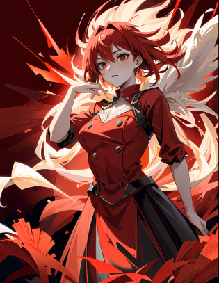 Generate high-quality, vibrant red images of women. She is dressed in a sophisticated fashion style and wears elegant outfits based on red. The background is a landscape with abstract and fantastic elements, interspersed with motifs of red flowers and flames. Her poses are fluid and give a sense of graceful movement. The effects of light and shadow are vividly expressed, and the faces and expressions that are carefully depicted in the details of the red costumes and makeup are emotionally revealed. The overall atmosphere is contemporary, yet has its own artistic touch, which brings out the passion and strength of red. This image is vividly colored in red, evoking visual stimulation and aesthetics, and will intrigue and surprise the viewer.