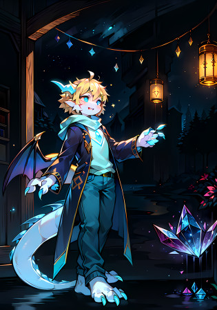 Midnight, Creek, Firefly, Blue Moon, Moonlight, Barbs, Lots of Fine Scales, Starry Sky, Crystal, Dragon Boy, Cub, White Skin, Blonde Hairstyle, Detailed Eyes, Broken Golden Vertical Pupils, Fin Ears, Golden Crystal Sparrows, Astrologer, White-Gold Hooded Sweatshirt, Blue and Black Trench Coat, Golden-Blue Streamers, Blue Pants, Blue and Beige Scarves, Firefly Lanterns, Prismatic Gemstones on the Forehead, Starry Water, Floating Spell Book, Dragon Features, Slender and Slender Fine-Scaled Tail, Crystal Spiked Tail, Slender Golden Crystal Dragon Horns, Golden-Blue Wings, Wingspan, fangs, full body gold and blue crystal scales, larger foot claws, larger hand claws, full body fine scales, more scales, glowing textures, crystal balls, starlight, magic balls, magic lighting, surrounding
