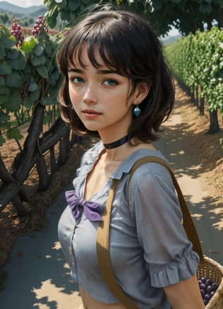 masterpiece, best quality, a portrait illustration by Tom Bagshaw, highly detailed face and skin, absurdres eye texture, 1girl (smile:0. 65)-shy-blushing, green eyes, short fluffy brown hair, wearing skintight see-through yellow unbuttoned cropped-fC <lora:FilmgirlLora_v40:0. 8>, and blue micromini and thong underneath, choker with blue gem brooch, black pearl earrings, <lora:add_detail:0. 3> <lora:cropped-fC_v1. 0:0. 5>, walking between purple grape vines in vineyard, carrying basket full of grapes, at sunrise, volumetric light, dust particles, hills and trees