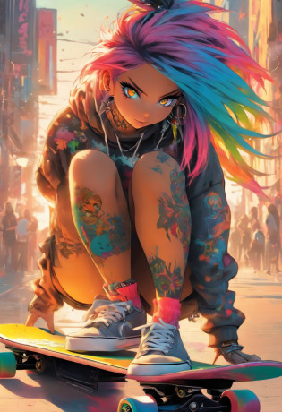 The most beautiful and sexy skateboard girl, rainbow colored hair, yellow eyes, wearing hoodie, graphic t-shirt, torn skinny jeans and highly detailed skateboard gear, tons of tattoos and piercings, highly detailed background, perfect masterpiece, high quality, high resolution