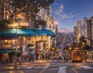 arafly view of a city street with a trolley going down it, san francisco, photorealistic streetscape, by Brian Thomas, by Jason Benjamin, city street at dusk, inspired by Evgeny Lushpin, by John La Gatta, photograph of san francisco, market street, by Dan Christensen, dirk dzimirsky, realistic photo of a town