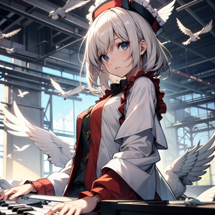 Lyrica Prismeiver playing keyboards, masutepiece, Fine detail, 4K, 8K, 12K, Solo, One Person, Beautiful Girl, caucasian female, Lyrica Prismiber, spring, birds flying away, Air
