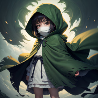 Caricature of a child wrapped in a blanket, cloak covering face, covered with blanket, lain iwakura, wearing leaf cloak, haibane renmei, honest, wearing cloak, Wearing a cloak, shrouded figure, inspired by Uragami Gyokud?, lain, Cloaked, with a green cloak, wearing a hooded cloak