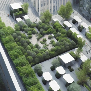 Create a cultural center called an urban oasis on a piece of land between buildings, with a lot of vegetation that protects from the sun in a small space, with a setting of cars and people, an urban context in white, an architecture model with an isometric view in bird's-eye view.