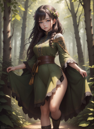 solo, 1girl,full body,standing,forest background,masterpiece,solo,beautiful detailed eyes,finely detail,detailed face,finely detailed,hyper detailed,detailed hand,8k,finely detailed beautiful eyes,high resolution illustration,best quality, windy, 25 years old, lighting, adult