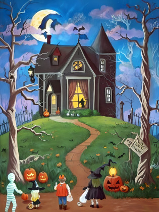 KIDS ILLUSTRATION?Flattening?A painting of a Halloween scene with a house and a cemetery, halloween scene, author?Joan Brown, spooky mansion, watermarked, Trick or Treat, haunted house themed, halloween art style, haunted house, author?Elaine Hamilton, author?digital art by Melissa A. Benson, witch cottage in the forest, Witch's cottage, Haunted painting, author?Judith Brown, halloween atmosphere, halloween theme, halloween night