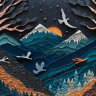 Paper quilling, paper cut art, paper illustration, night mountains, birds flying, two color, very detailed, 8k --v 4
