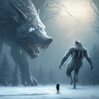 Starvation black monster 10 wolves with red eyes, fight in the ice age Scenery, : concept art::1 cyberpunk::1 splatter paint::1 wide angle lens::1 Zdzislaw Beksinski style, and a little prince boy walks to the Shining Ethereum shape sun, in winter storm,