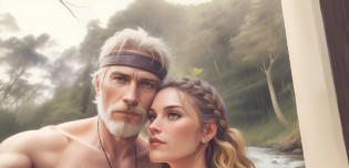 There is a man and a woman who are together in the forest, profile picture, a couple of Vikings, Nordic peoples, in a river in the jungle, in the jungle, in the forest, in a medieval Nordic forest, in a jungle environment, in jungle forest !!!, 3 0 years woman, 4 0 years .
