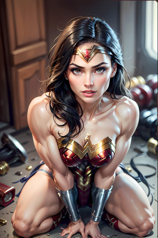 (Victoria's Secret Model Wonder Woman), begging for her life, defeated, Wonder Woman, jackopose, top-down bottom-up, 1girl, single, solo, full body, looking at viewer, ((intricate details, makeup), (delicate and beautiful delicate face, delicate and beautiful delicate eyes, face with perfect proportions), (realistic moist skin: 0.5), (drenched body: 0.5), (wet skin), wet hair, high-detail skin, delicate skin, best proportions four fingers and one thumb, strong and realistic blue eyes,  Realistic black hair, lips, makeup, natural skin texture, tiara, leotard, bulletproof cuffs, red boots, (public clothing:1.3), slightly sunburned skin tone, mature, sexy, elastic muscles, (muscles:1.2), ((strong and healthy body)), ((((more) muscles))), long legs, curves, thick thighs, wide buttocks, thin legs, (big breasts: 1.2), thin waist, soft waist, (delicate skin), (beautiful and sexy woman), (swollen lips):  0.9), (eyelashes: 1.2), very delicate muscle definition, ((top quality)), ((masterpiece)), ((realistic)), (detailed), detailed background, realistic texture, resolute look, basement, garbage, dirty,
