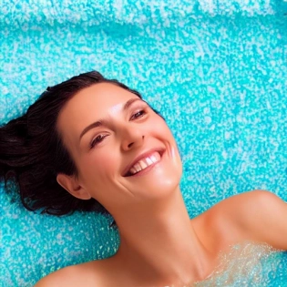 Generates an image of a relaxed and smiling woman in a spa