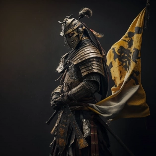 Photo of 8k ultra realistic samurai warrior with yellow war flag banner, full body, intricate yellow and black armor, ornate cinematic lighting, high definition, vibrant illumination, trending on art station, hyperrealistic, high details, focused, unreal engine 5, dark, lumen reflections, depth of field, photography, reddish war torn environment, smoke and embers, cinematic --ar 9:16