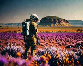 photograph of astronaut standing in purple field, beautiful vista, a masterpiece sci-fi atmospheric photography, highly detailed, 4k resolution, hyperrealistic, embellish3