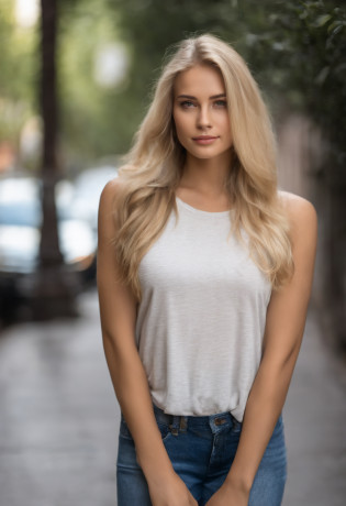 Un primer plano de una mujer con cabello largo y rubio con una camiseta sin mangas, hermosa chica rubia, Hermosa chica modelo, Anna Nikolanova aka Newmilky, Hermosa modelo joven, linda joven, Hermosa modelo de chica, hermosa joven, chica atractiva, 2 24-year-old female model, Joven muy hermosa, BLONDE CHILD girl, Una hermosa rubia, Modelo de Instagram, Cara perfecta ) en la calle