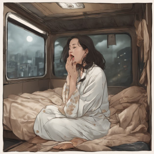 Ultra-hyperreal?Severe gusts of wind and pouring rain?Woman's bedroom at night with a large bed with closed dirty curtains due to a large amount of rotting internal organs, seafood, Manure and vomit and crustacean debris scattered in contaminated, white, cloudy sewage bent and flowing on the train floor.?Japan fat woman in her 20s holding umbrella?Contorting the face into a stench?Wearing a look of anguish?Spit out a large amount of food or internal organs through a wide open mouth