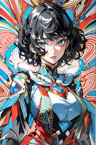((masterpiece:1. 2, best quality)), ultra detailed, Ultra-precise depiction, Ultra-detailed depiction, (zentangle:1. 2), (dynamic pose), (abstract background:1. 5), (treditional dress:1. 2), short hair, 1lady, very wide hips, big breast, (shiny skin), many colors, upper body, (from above:1. 2)