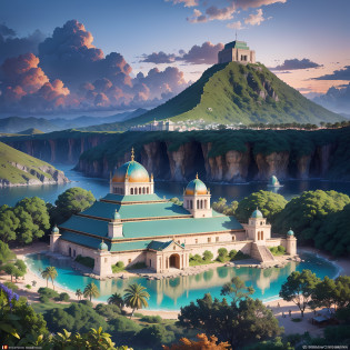 A paradisiacal setting at dusk. The sky displays an explosion of vibrant colors, with shades of red, orange and purple blending in perfect harmony. Soft, golden clouds adorn the horizon, reflecting the magical light of the setting sun.

The main focus of the image is a stunning island, surrounded by a translucent and calm sea. The waters reflect the richness of turquoise hues, inviting the observer to dive into an ocean of financial possibilities.

The island itself is an oasis of natural exuberance. Its exotic vegetation extends far and wide, with a variety of tropical trees and towering palm trees. Multicolored flowers adorn the flowerbeds, exuding a sweet and invigorating aroma.

In the heart of the island rises a majestic mountain. Its steep slopes are covered by dense forests, where a myriad of exotic animals find refuge. The mountain is a symbol of challenges to be overcome, but also of opportunities that await those who dare to climb its imposing peaks.

A winding trail winds up the mountainside, revealing itself as a path to wealth. The trail is punctuated by landmarks that represent the stages of the financial journey, such as stock market symbols, vaults full of treasures, and sacred books containing age-old wisdom.

As the sun sets on the horizon, illuminating the scene with a golden glow, a majestic rainbow forms in the sky. Its vibrant, iridescent colors are a sign of hope and promise, reminding readers that the journey in pursuit of wealth is fraught with opportunities and rewards.

In the center of the island, standing out as a sanctuary of knowledge, is an ancient and imposing temple. Its majestic columns and complex architectural details inspire a sense of reverence. The temple is a symbol of financial wisdom, where ancestral secrets and economic principles are preserved. --auto --s2