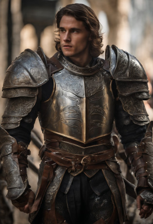 In a world of magic and dragons, a young knight stands out with his modern suit of silver-plated armor. His brown hair is neatly combed, and his blue eyes shine with determination. He holds a war hammer in one hand and a shield in the other, ready to face any challenge. His cape, adorned with golden trim, adds a touch of elegance to his otherwise battle-ready appearance.