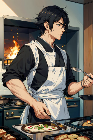 Masterpiece, best quality, tall muscular adult male, handsome face and delicate eyes, intricate detail depiction, being in a cooking kitchen, flames bursting out of the oven, cooking action, profile pictures themed around anime food, ideas for the best chefs, cooking shows and official art, Tanjiro Kamado who breaks away from conventional cooking techniques, Anime Moe Art style of the popular epic anime style, with ?? , , ? , ? expressive ? emojis.