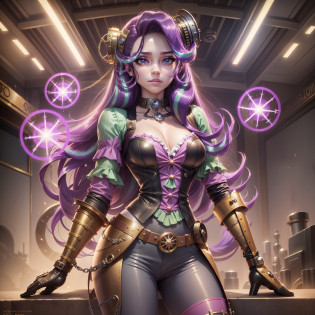Starlight Glimmer, Starlight Glimmer from My Little Pony, Starlight Glimmer in the form of a girl, long hair, lush hair, Steampunk, body from steampunk mechanisms, golden gears, not human, gear skin, steampunk style, best quality, very detailed, ultra 8k resolution