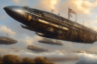 mdjrny-v4 style, oil painting of silver steampunk zeppelin with gold filagree floating above the clouds, art deco style, warm tones, saturated colors, intricate details, featured on artstation, masterpiece, 8k, by Jean Dunand, Ossip Zadkine, Achille Mauzan