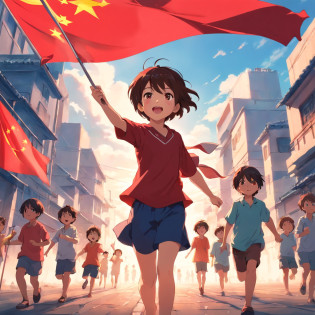 The boy raises a red flag in front of a group of children,Flag in hand,   cheerful big breasts, Children, Chinese big breasts, Very excited, More details, a cheerful atmosphere?Pure red flag